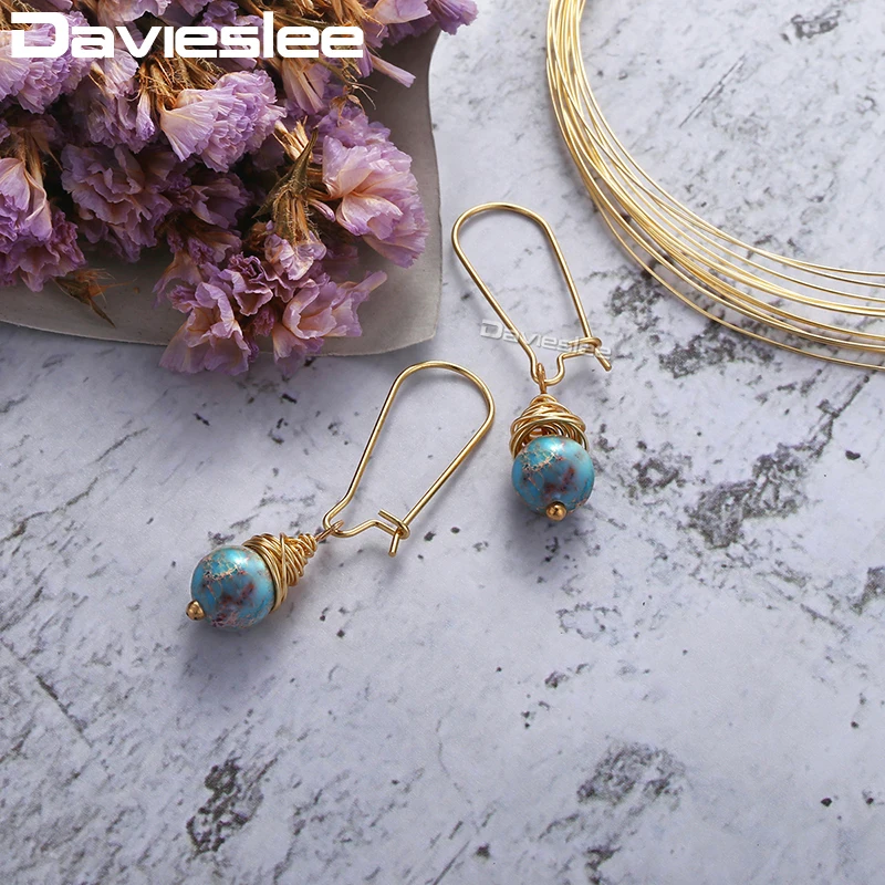 Женские Висячие серьги Davieslee с синим белым камнем и бусинами золотого гнезда 2018