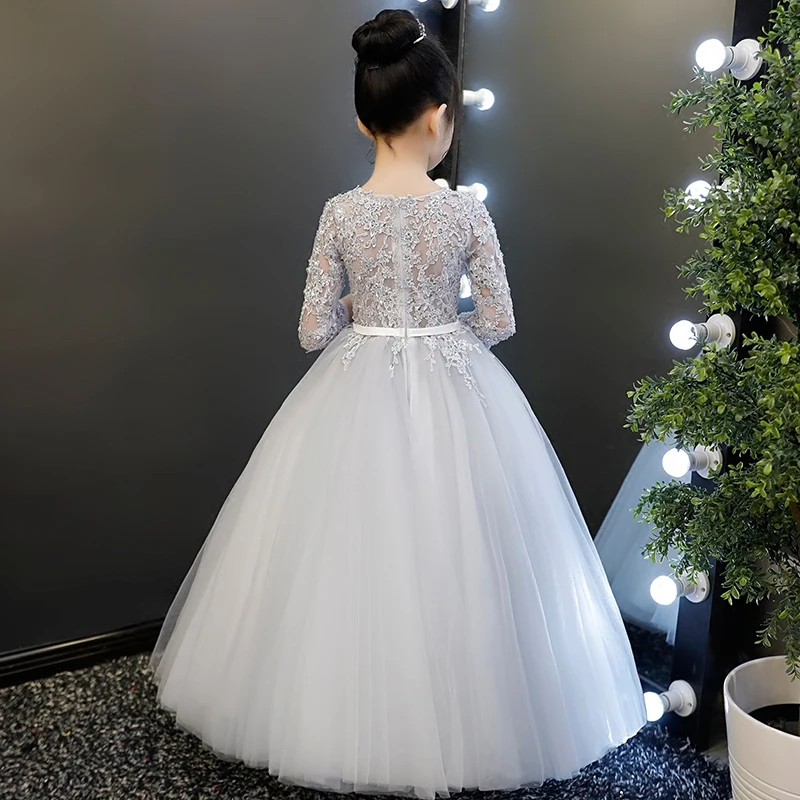 

2021Spring Luxury Exquisite Design Long Sleeves Birthday Wedding Party Embroidery Lace Long Dress For Children Girls Host Dress