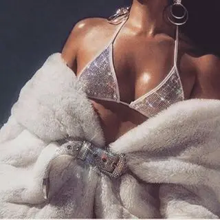 

Sexy Women Summer Beach Sparkly Metal Chain Diamond Two piece bodysuit feminino Jumpsuit Halter Luxury Nightclub Party Overalls