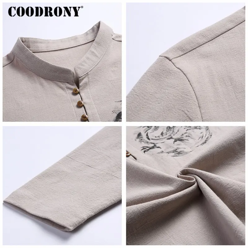 COODRONY, китайский стиль, воротник-стойка, футболка, мужская, длинный рукав, хлопок, футболка, Мужская одежда, лен, футболка, Homme, T006