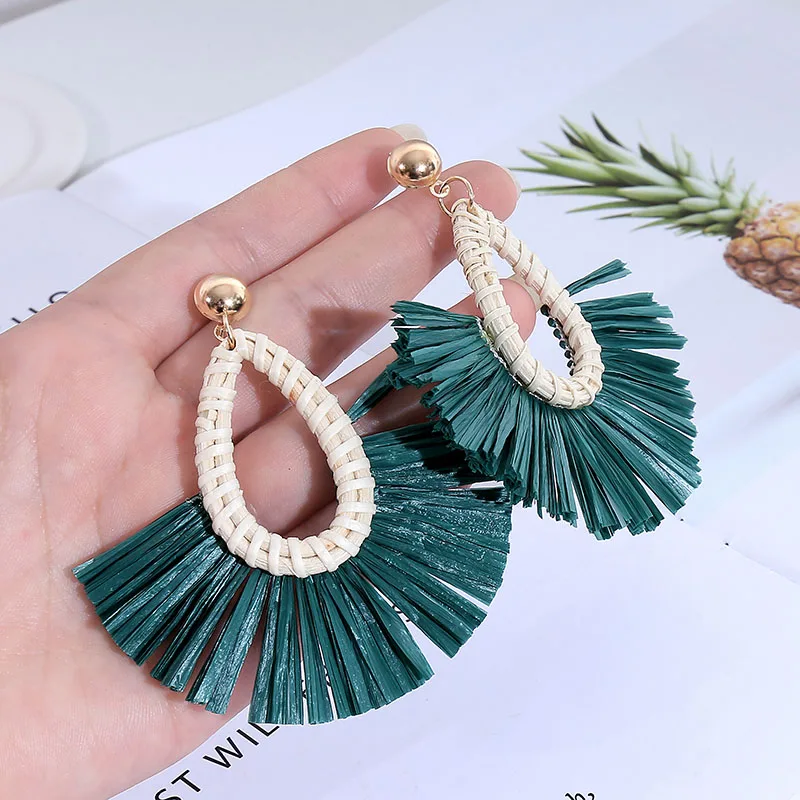 Модные женские плетеные висячие серьги из ротанга ручной работы в форме капли