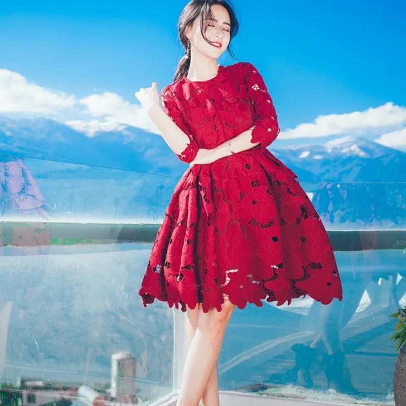 2018 женское винтажное кружевное красное платье без рукавов с поясом и цветочным