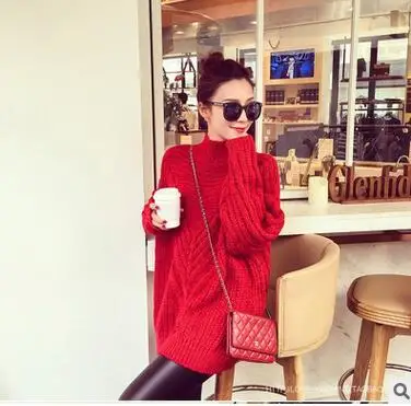MLXSLKY Autumn sweater women thick loose red color pullover womens fashion turtle neck long sleeve women's knit | Женская одежда