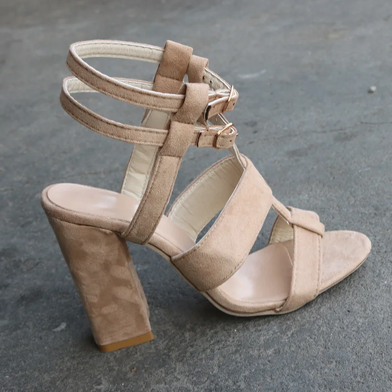 

XingDeng Women Ankle Strap Thin Heel High Heels Sandals Shoes Ladies Bukle Flock European Sandal Shoes Big Size 35-42