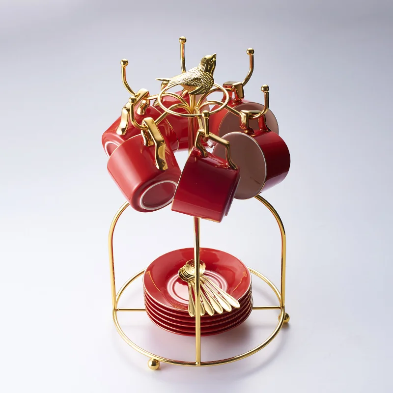 Red 6Cups Birdcage Выразительная фарфоровая кофейная чашка, блюдце, ложка, набор, 200 мл, Скандинавская чайная чашка, керамический чайный набор, расширенная чайная чашка, кофейная чашка эспрессо, Прямая поставка - Цвет: Red 6Cups Birdcage