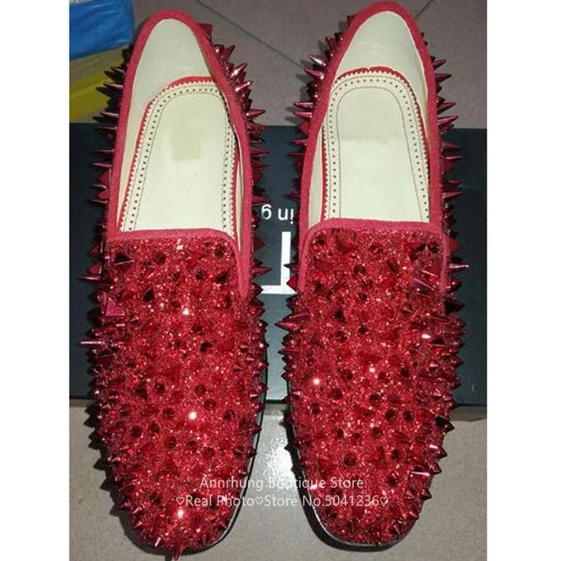 Glitter Rivet Casual Shoes Men Sequin Loafers Round Toe Slip On Flats Genuine Leather Studded Men Shoes Zapatillas Hombre