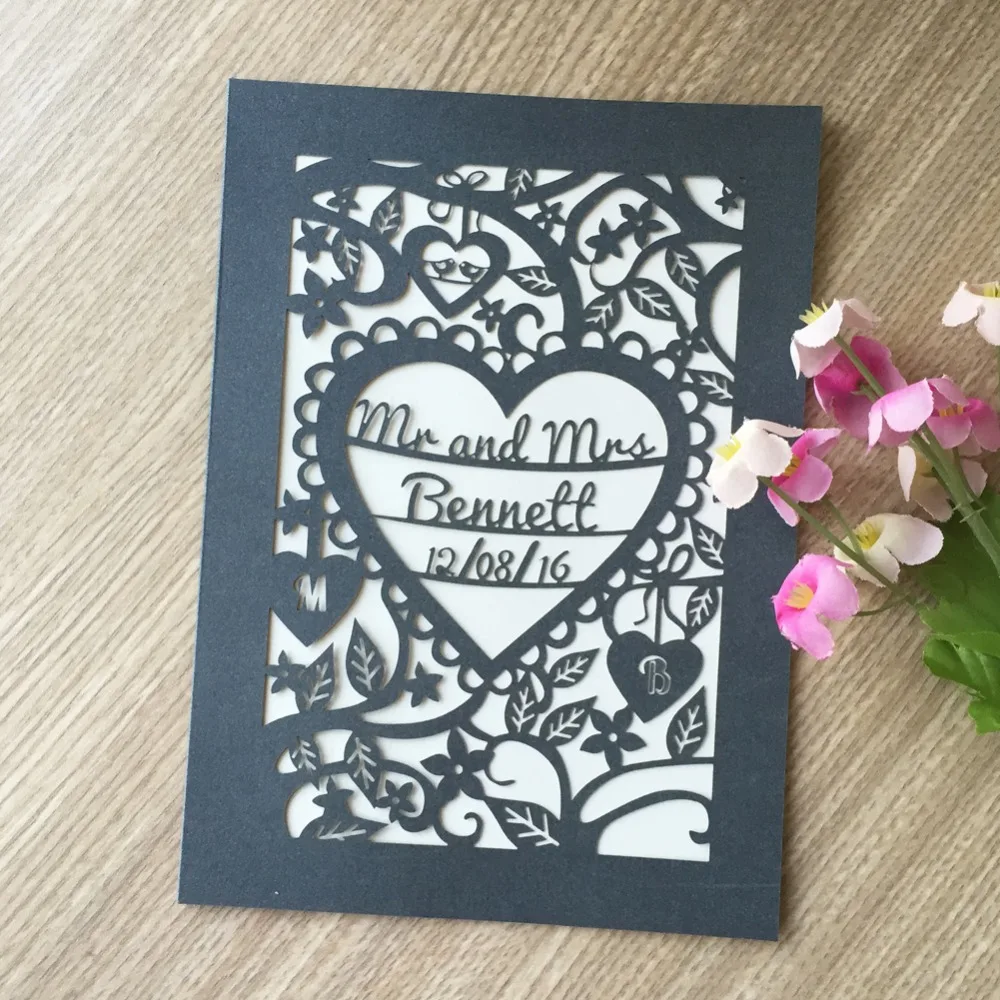 

100pcs Laser Cut Chic Shimmer Customized words name Date on Party Wedding Invitations Engagement Cover Card