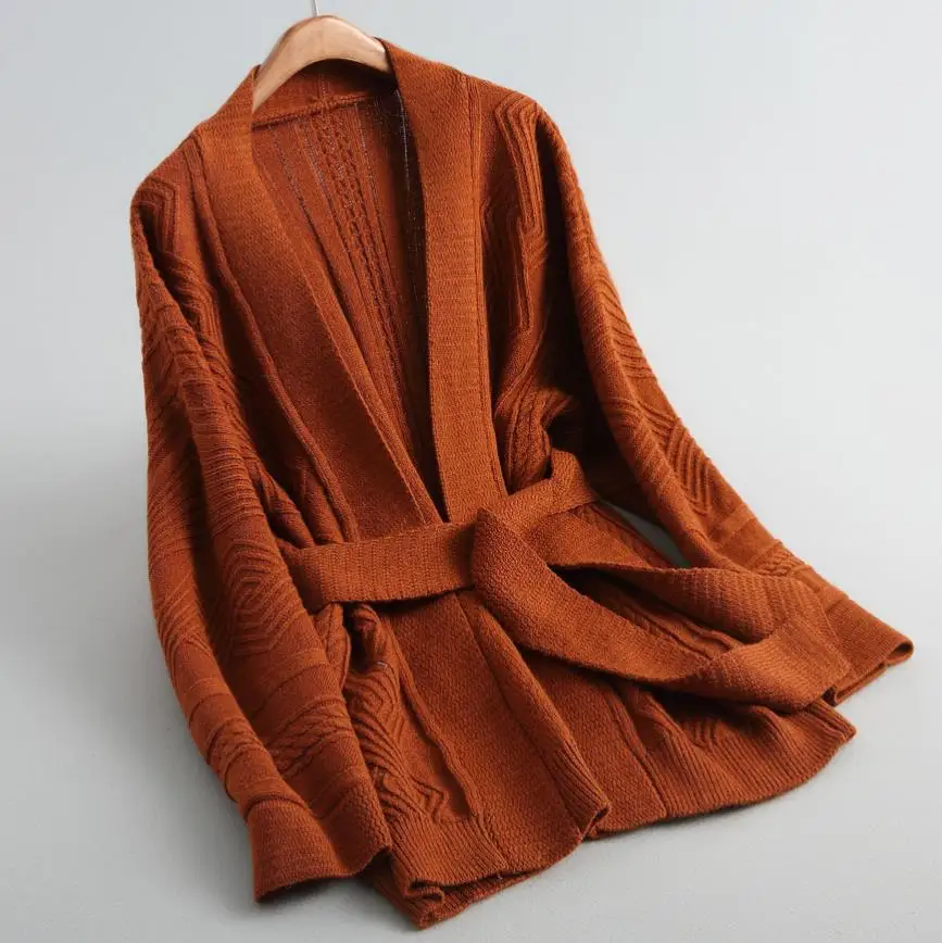 Knitted cardigan Women fashion warm winter oversize sweater v-neck belted loose coat |