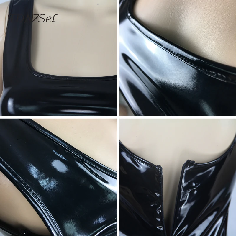 Соблазнительное Клубное черное платье жилет из искусственной кожи на молнии