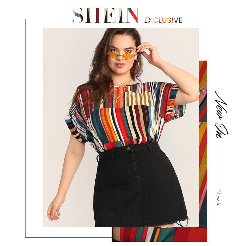 SHEIN, разноцветная полосатая блузка размера плюс,, женская летняя Повседневная блуза с коротким рукавом и круглым вырезом, большие размеры