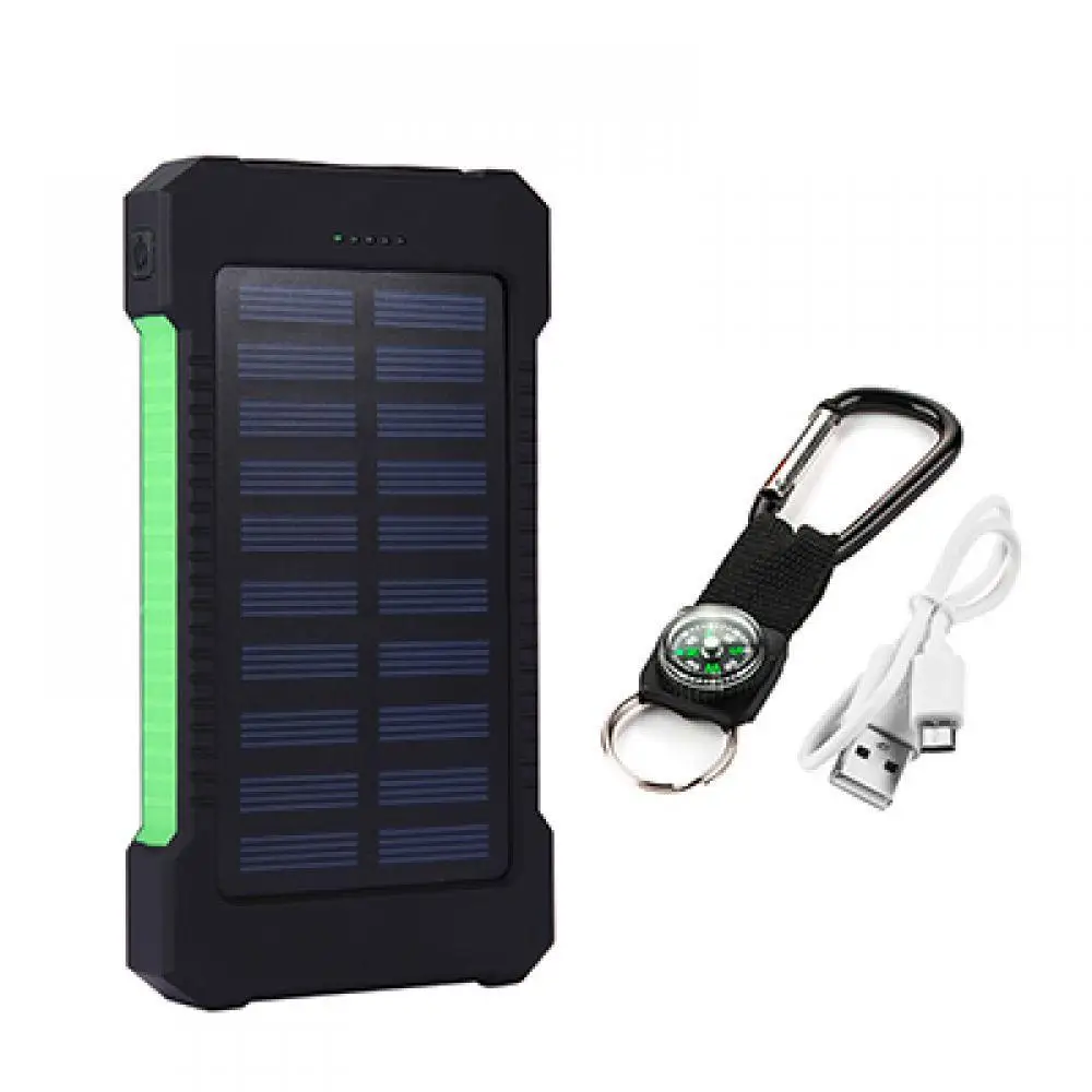 green Горячая солнечное зарядное устройство 10000mAh power Bank водонепроницаемый 2 внешнее зарядное usb-устройство для аккумулятора телефона повербанк с светодиодный светильник для xiaomi - Цвет: green