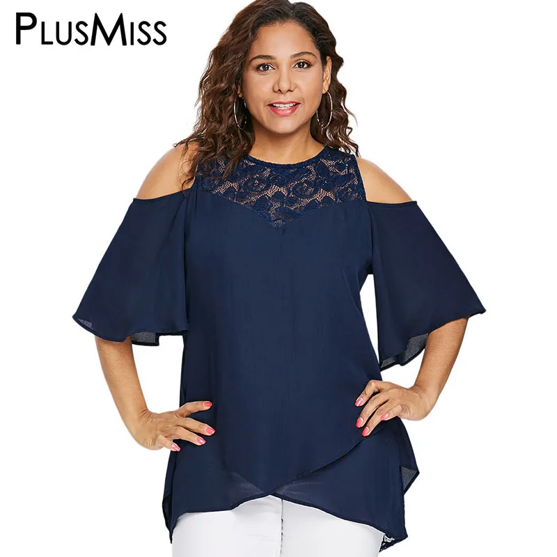 PlusMiss плюс Размеры 5XL L кружева вязаный крючком пикантные блузка с вырезами на