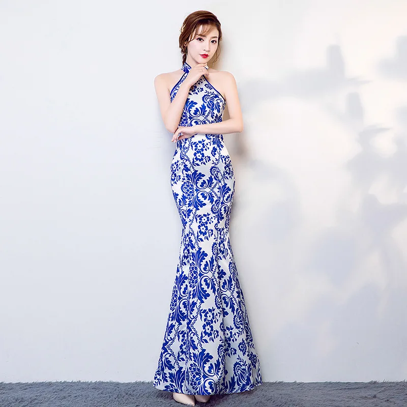 

Sexy Satin Cheongsam Blue White Chinese Wedding Qipao Long 2020 Traditional Women Evening Dress Vestido Oriental Style Dresses