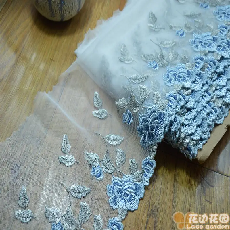2yds/lot 19 см белый сетки синий цветочной вышивкой кружевной отделкой DIY кружева