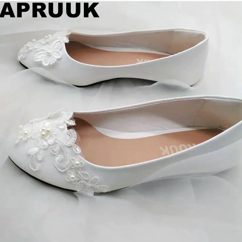 

SALES PROMOTION! Sweet white lace pearls wedding shoes flat heel lady flower girl bridesmaid butterfly lace flats shoes