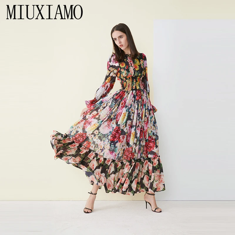 MIUXIMAO, длинное платье на заказ, плюс размер, модное, Новое поступление, с принтом розы, Каскадное, с рюшами, длиной до щиколотки, платье для женщин