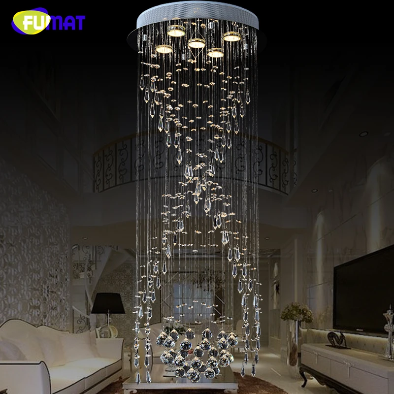 安い Fumat高級スパイラル階段クリスタルシャンデリア円形ledヴィラのリビングルーム長い照明現代の簡潔なクリスタルシャンデリア