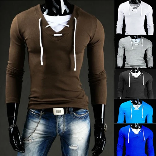 New Arrival Free Shipping 2015 Men Long Sleeve T-shirts Solid V-Neck Casual M-XXL 13T05 | Мужская одежда