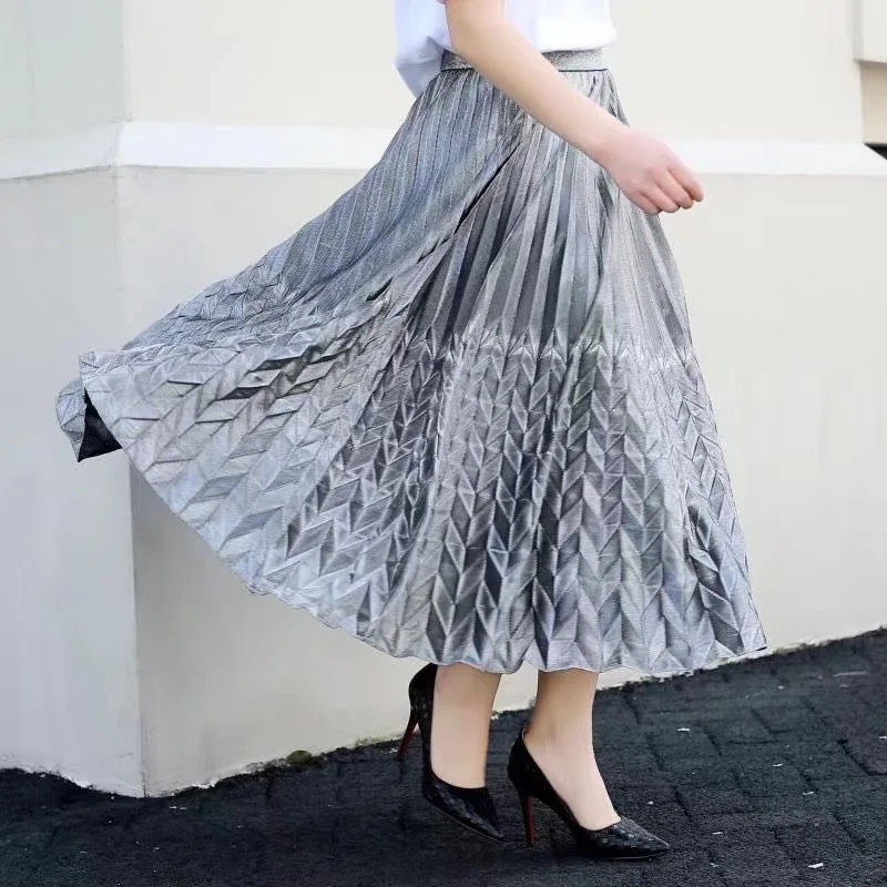 Женская Плиссированная Юбка-миди VOGUEIN серебристая золотистая трапециевидная |