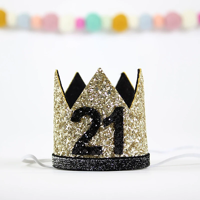 Beauty Girl 21st Birthday Hat Gold Balck Pink Priness Crown Number 21 Years Old Party Hats Glitter Queen Headband|Шляпы для