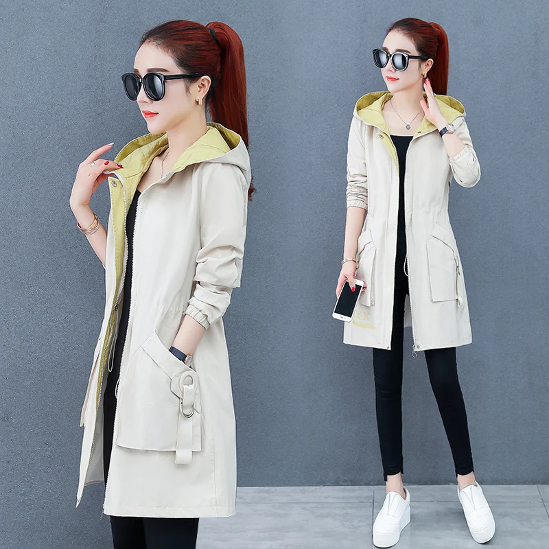 Женский Длинный тренчкот с капюшоном Повседневная ветровка верхняя одежда весна