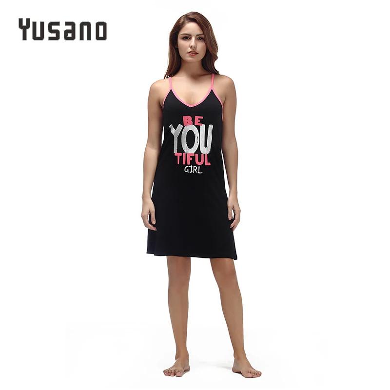 Yusano 2017 Summer Nightgown Women Sleeveless V Neck Sexy Cotton Nightdress Girl Letter Print Sleeping Dress Solid Sleepwear|cotton nightdress|summer