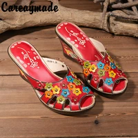 careaymade folk style head layer cowhide pure handmade carved shoes the retro art mori girl shoeswomens casual sandals 0689 1