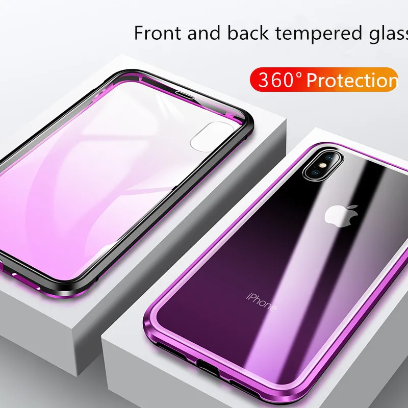 

Magnetic Adsorption Flip Phone Case for iPhone XS Max Magnet Metal Cases Front Tempered Glass Back Cover for iphone x 7 8 plus