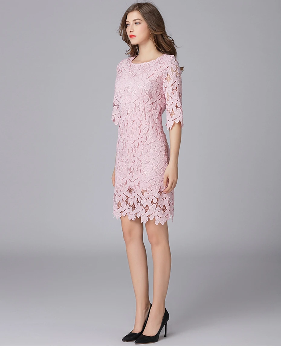 TAOYIZHUAI New Arrivals Spring Sweet Style Flare Sleeves O-Neck Plus Size Above Knee Pink Hollow Out Lace Women Dress 11832