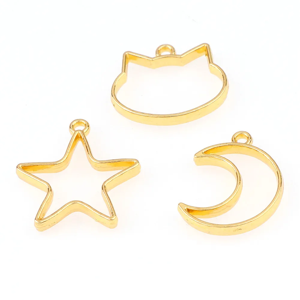 

15pc/set FashioMix Cat Moon Star Metal Hollow Gold Color DIY Frame Pendant Gold Charm Bezel Setting DIY UV Resin Charm Epoxy
