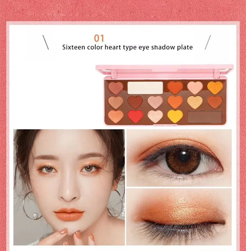 16 цветов в форме сердца тени для век Краски Палитра матовый блеск личность Макияж Палитра теней для век прочный Водонепроницаемый