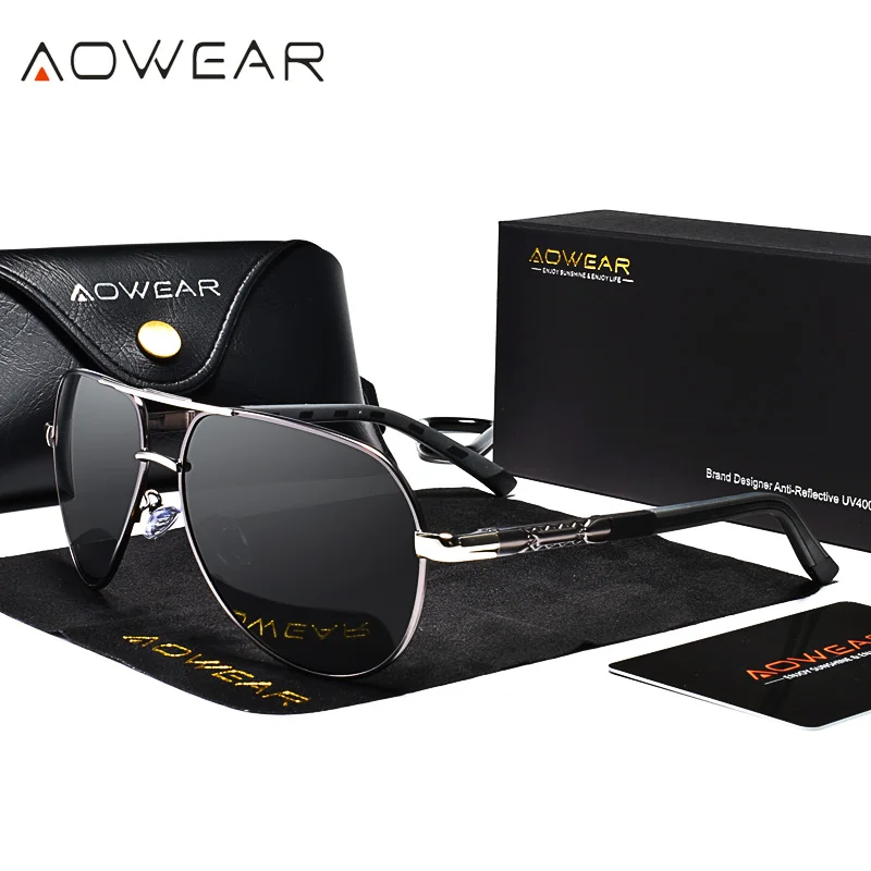 Gray Black AOWEAR, классические мужские солнцезащитные очки, мужские, авиационные, алюминиевые, поляризационные, солнцезащитные очки, мужские,, фирменный дизайн, HD очки, зеркальные очки - Цвет линз: Gray Black