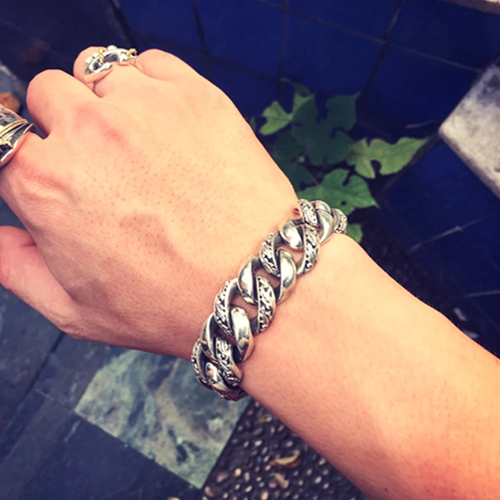 

MetJakt Tang Grass Totem Solid 20cm 925 Sterling Silver Punk Rock Bracelets for Luxury Male Biker Jewelry Handmade Bracelet