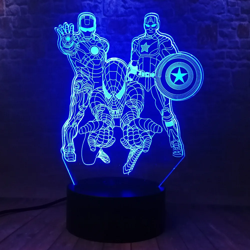Amroe 3D Marvel Heroes ночные светильники для детей 7 цветов светодиодный Иллюзия спальня настольная лампа Человек-паук Капитан Америка, Железный человек подарки