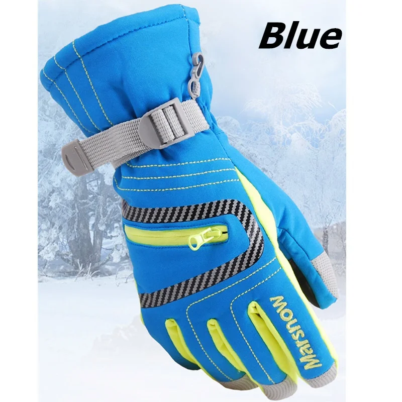 Blue ski glove Зимние теплые водонепроницаемые перчатки для катания на сноуборде, Беговые лыжные перчатки для детей, девочек, мальчиков, взрослых, ветрозащитные перчатки с подогревом для снегохода - Цвет: Blue ski glove