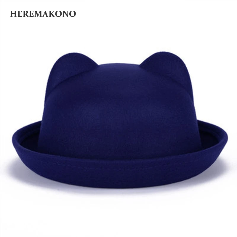 Heremakono Осенне зимняя Дамская обувь Fedora Шапки с милые кошачьи уши Дамы Roll Up Фетр