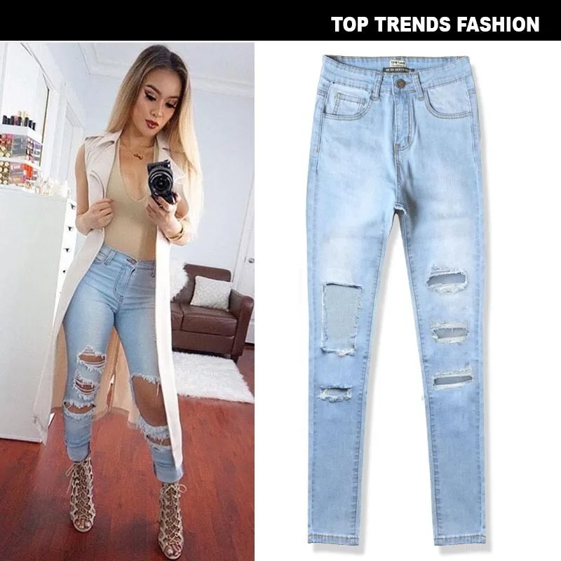 Женские джинсы с дырками и высокой талией Синие рваные feminino roupa feminina 2787 | Женская