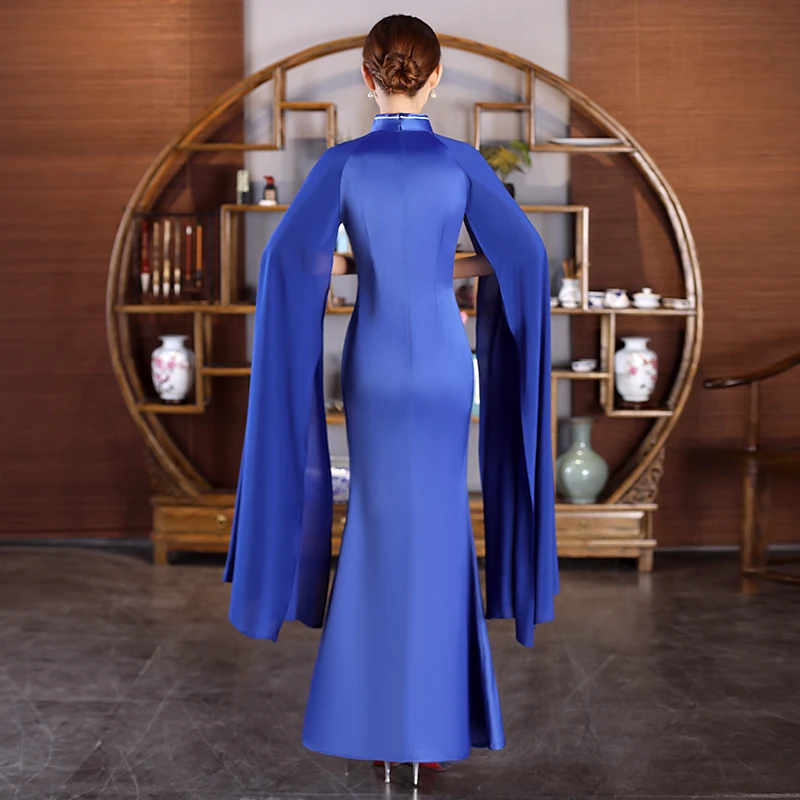 Китайский стиль женские сексуальные вечерние платья с длинным рукавом Qipao