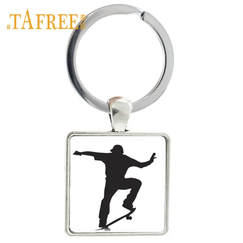 

TAFREE Men Women Skating Keychain Peace Love Skate Key Ring Chain Holder Square Glass Pendant Car Bag Cahrms Gift ST78