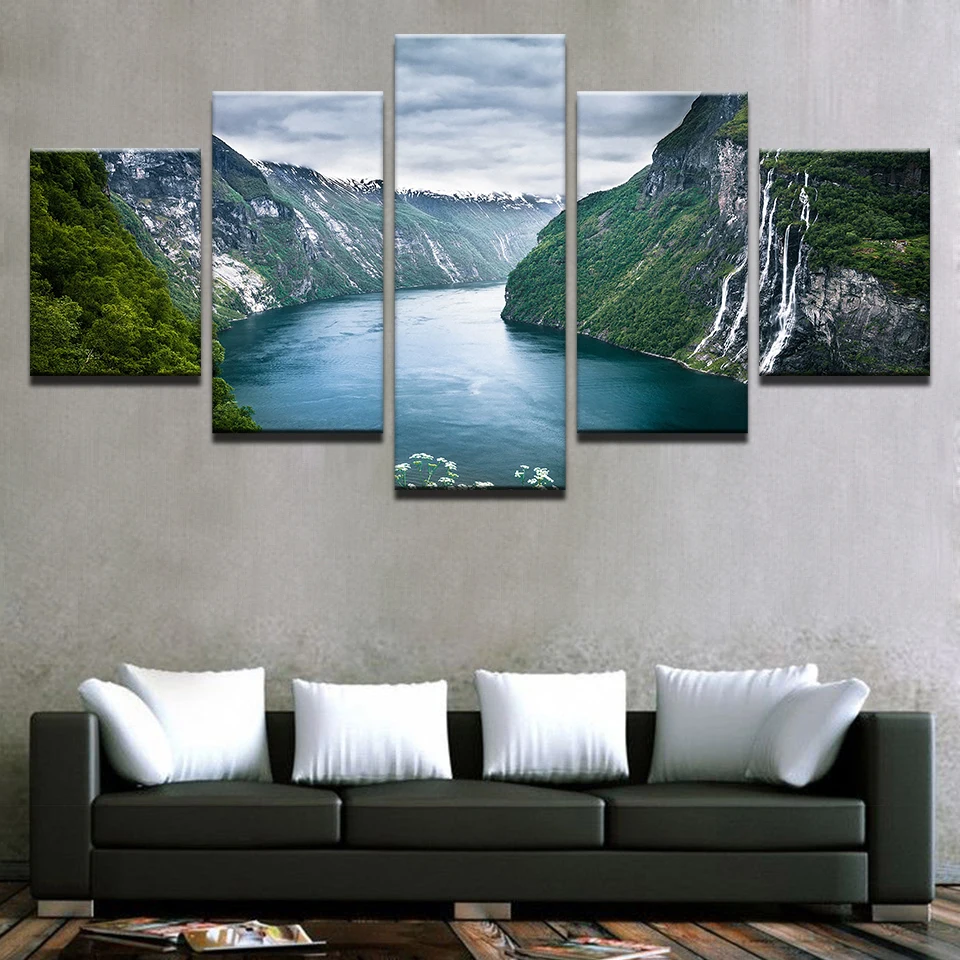 

Canvas Pictures Living Room Decor Wall Art 5 Pieces Green Mountain And River Poster Prints Natural Landscape Paintings Framework