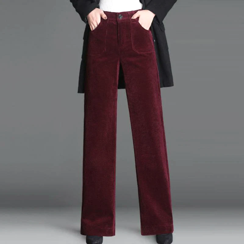 2018 Fall Spring Casual Women Female Wine Red Grey Black Wide Leg Corduroy Trousers ,  4xl Elastic High Waisted Pants For Woman