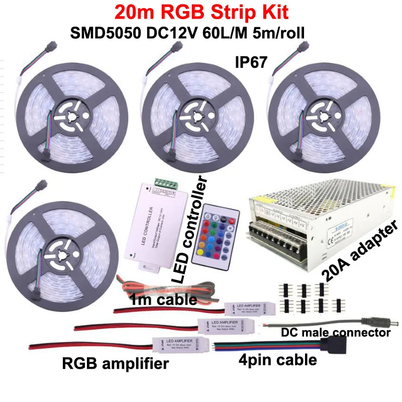 20m RGB Strip Kit Наружная Светодиодная лента 5050 RGB лампа IP67 водонепроницаемый DC 12 В 60 Светодиодный s/m лента 5 м 10 м 15 м 20 м комплект с пультом дистанционного управления - Испускаемый цвет: 20m RGB Strip Kit