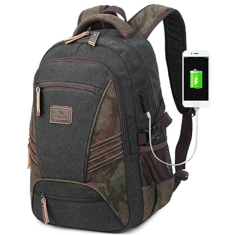 

USB Backpack Men Vintage Casual 15.6 inch Laptop Backpack Canvas Rucksack Bookbag Satchel Backpack Travel Shouder Bag Mochila
