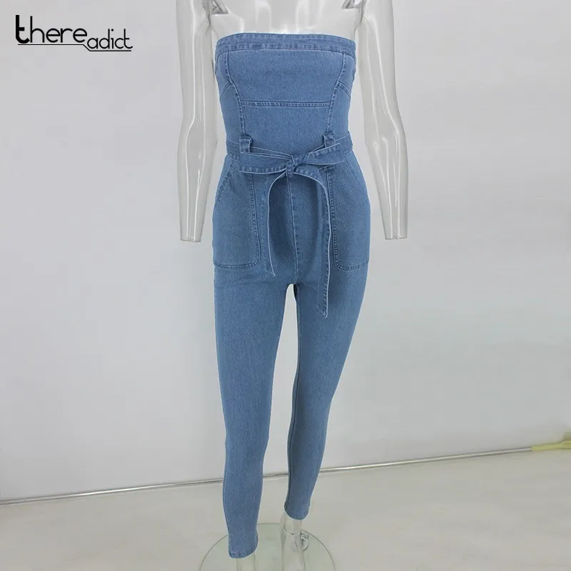 Thereadict без бретелек Bodycon сексуальный комбинезон для женщин на шнуровке Без Рукавов Комбинезоны модные джинсовые комбинезоны комбинезон с поясом