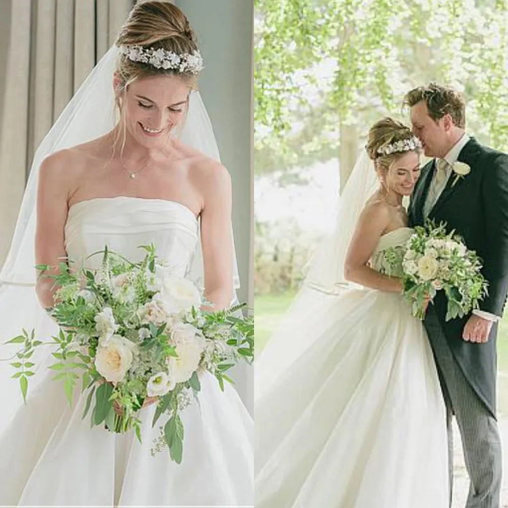 

Elegant Taffeta & Organza Strapless Neckline A-line Wedding Dresses Lace up Floor Length Vestidos De Noiva Bridal Gowns