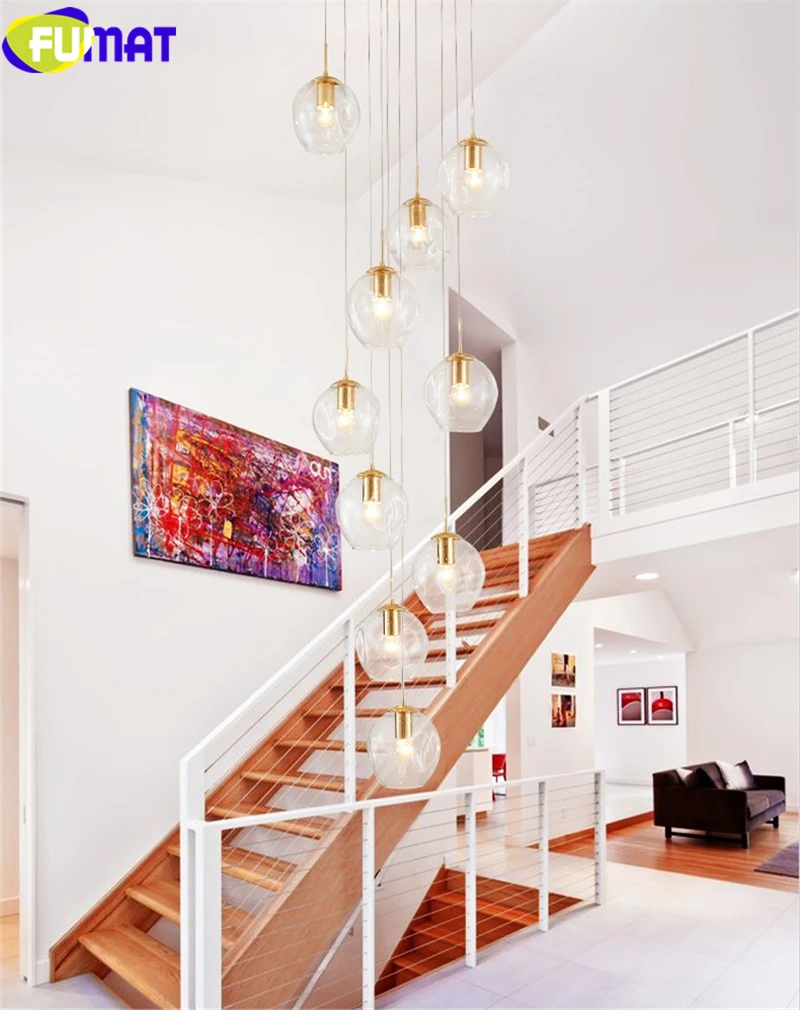 FUMAT MODO Ball Glass Spiral Staircase Villa Ceiling Lamps LED Stair Lamp Light Penthouse Chandeliers Cognac Gray Blue Fixture
