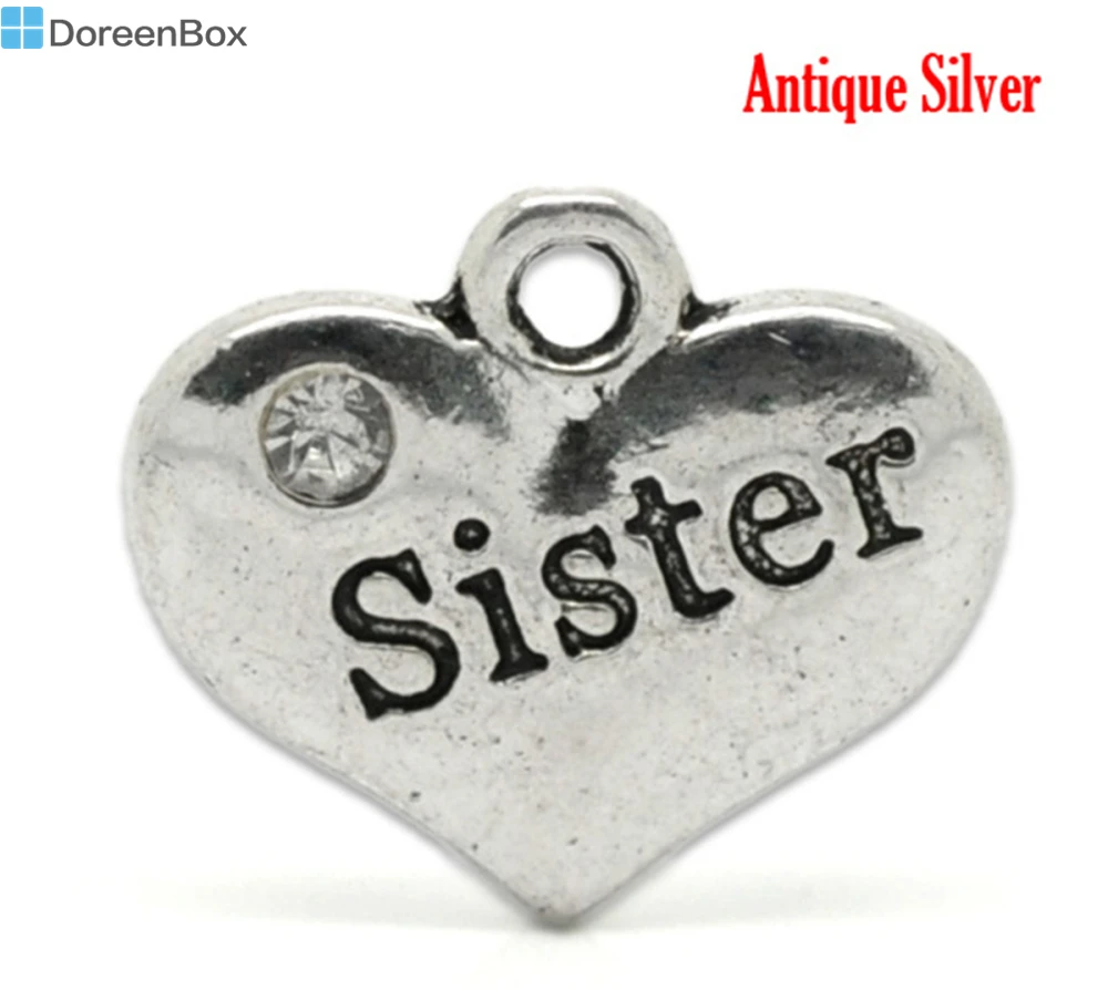 Doreen Box Милые Серебристые Стразы &quotSister&quot подвески шармы в форме сердца 16x14 мм (5/8