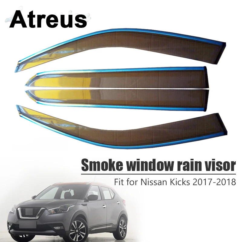 

Atreus 4pcs For Nissan Kicks 2017 2018 Car Accessories Door Smoke Window Sun Rain Visor Wind Deflectors Guard Shield Covers