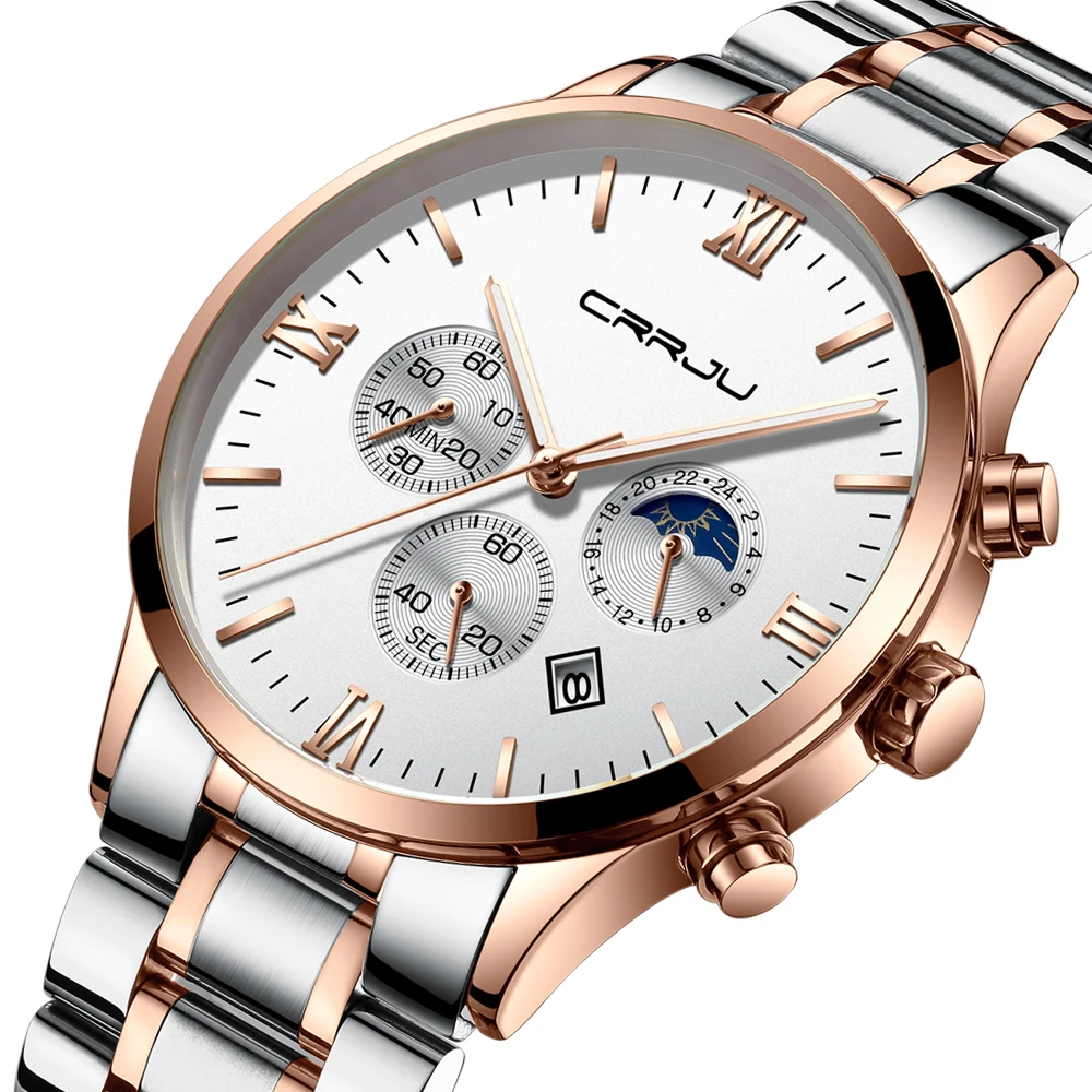 

Men's Leather Strap Watches Brand Luxury Multifunction Wrist Watch CRRJU 2159 Luminous Hands Clock Male erkek kol saati