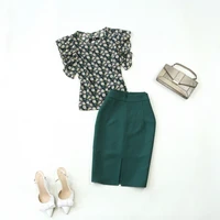 2 piece set women female summer new printed chiffon thin small shirt and dark green bag hip pencil skirt two piece suit